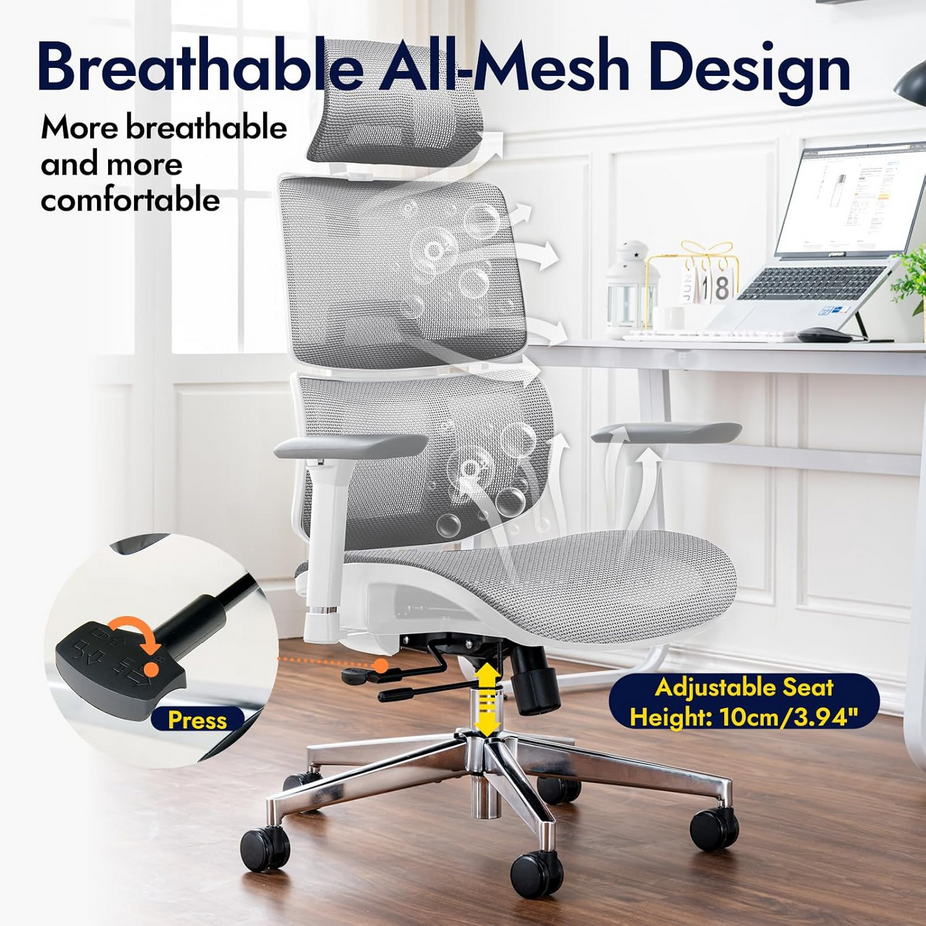 Ergonomic Office Chair - Breathable High Back Armchair with Mesh Lumbar Support