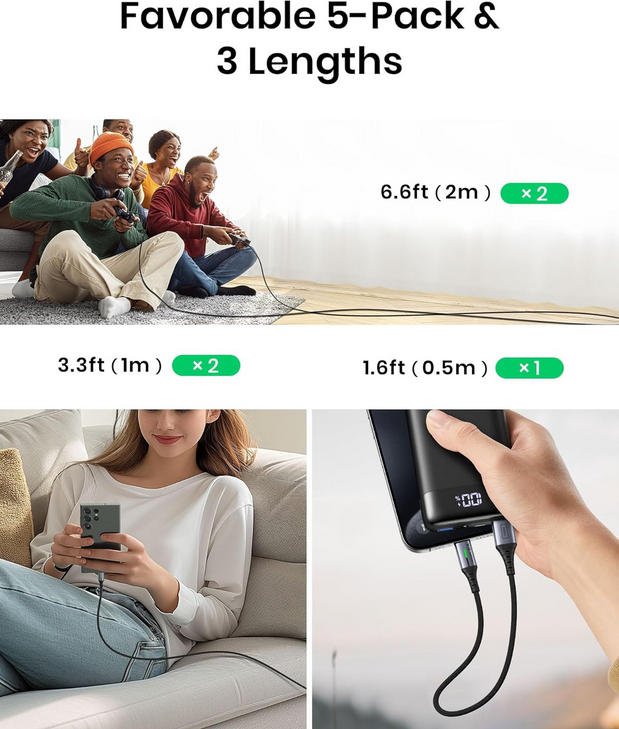 INIU USB C Charger Cable 3.1A, [5Pack, 2m+2m+1m+1m+0.5m] QC 3.0 Phone Charger Type C Fast Charging Cable