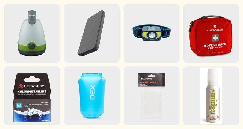 Essentials Kit: Vango Star 300 Rechargeable Lantern, GP Powerbank Plus 10000mAh, OEX 300 Lumen Rechargeable Head Torch, Lifesystems Adventurer First Aid Kit, Lifesystems Chlorine Water Purification Tablets, OEX 75 Litre Drysac, Eurohike Emergency Poncho, Smidge Insect Repellent 75ml