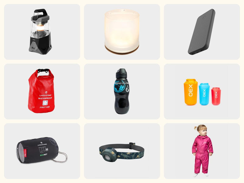 Family Kit: NEBO Galileo 1600 Flex Lantern, BioLite Luci Charge 360 Solar Lantern & Charger, GP Powerbank Plus 10000mAh, Lifesystems Waterproof First Aid Kit, Water-to-Go Virus Filtering Bottle 750ml, OEX Drysac Multi Pack (5L, 10L, 15L), Lifesystems BoxNet Double Mosquito Net, Ledlenser KidLED4R Rechargeable Head Torch, Peter Storm Kids' Waterproof Suit