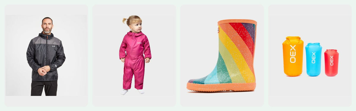 Waterproof jacket, children's rain suit, wellies and dry bags for flood safety