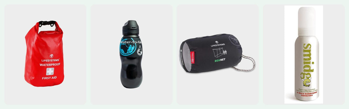 First aid kit, water filter bottle, mosquito net and insect repellent for El Niño health preparedness