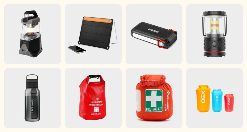 Home Resilience Kit: NEBO Galileo 1600 Flex Lantern, BioLite SolarPanel 5+, NEBO 20K Powerbank, Hi-Gear Solar Flare 2000L Dual Power Lantern, LifeStraw Go Series Filter Bottle 1L, Lifesystems Waterproof First Aid Kit, Sea to Summit First Aid Dry Bag 3L, OEX Drysac Multi Pack (5L, 10L, 15L)